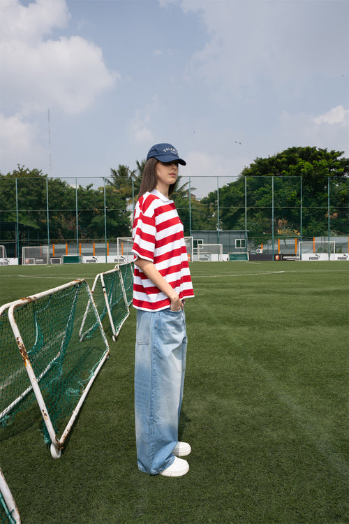 Relaxed Fit Red and White Striped Polo Tee