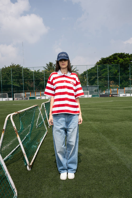 Relaxed Fit Red and White Striped Polo Tee