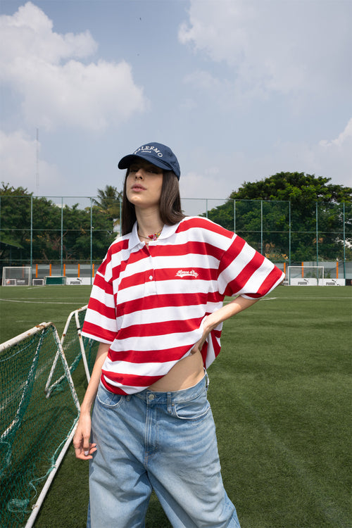 Relaxed Fit Red and White Striped Polo Tee