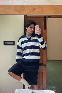 Denim Blue and White Stripes Fine-Knit Sweater