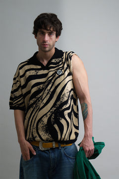 Beige Animal Abstract Jacquard Polo