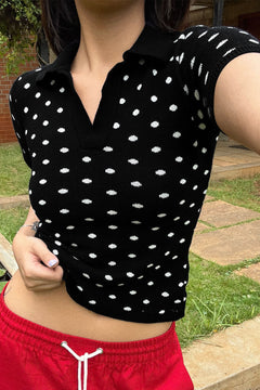 Fine Knit Polka Dot Polo | Black