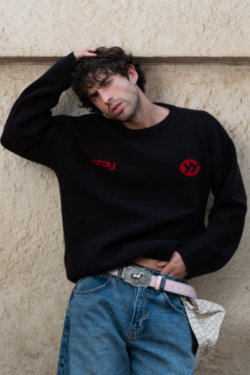 Red-Black Varsity Jacquard Knit Pullover