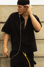 Boxy Fit Corduroy Button Down Shirt –Black