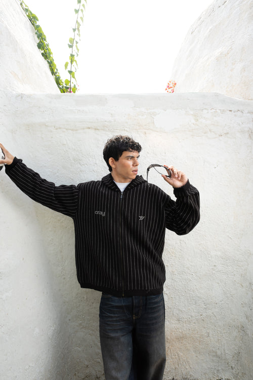 Pinstripe Zipper Hoodie | Black