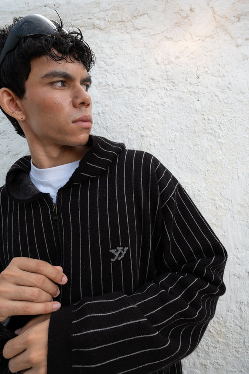 Pinstripe Zipper Hoodie | Black