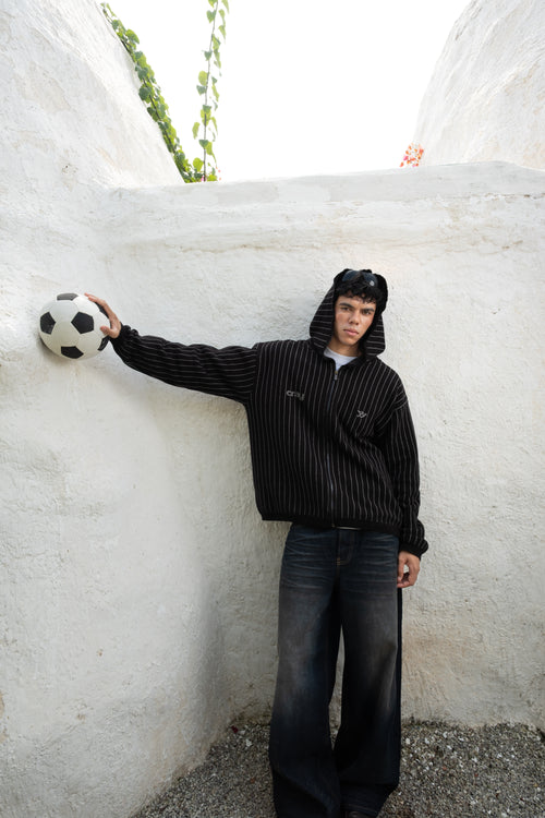 Pinstripe Zipper Hoodie | Black