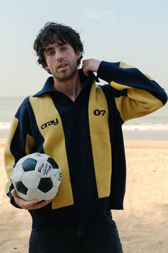 Navy-Mustard Rugby Knit Wool Blend Polo