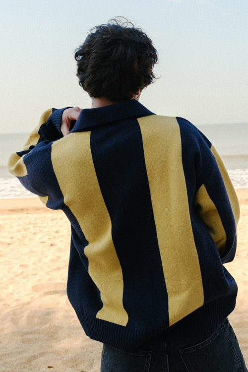 Navy-Mustard Rugby Knit Wool Blend Polo