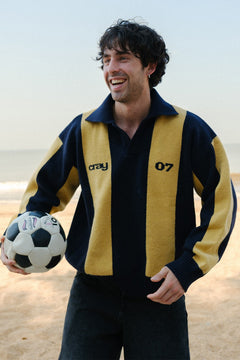 Navy-Mustard Rugby Knit Wool Blend Polo