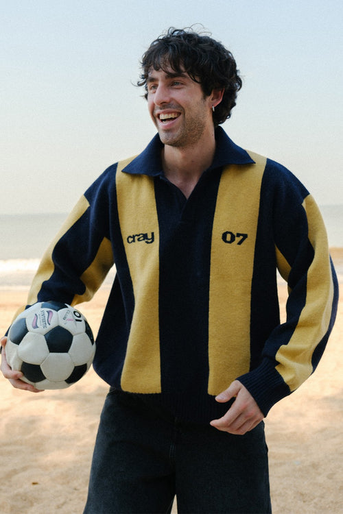 Navy-Mustard Rugby Knit Wool Blend Polo