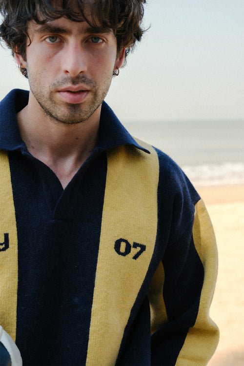 Navy-Mustard Rugby Knit Wool Blend Polo
