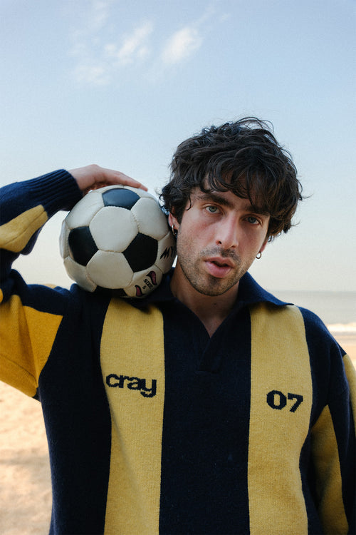 Navy-Mustard Rugby Knit Wool Blend Polo