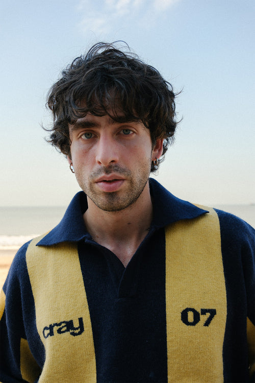 Navy-Mustard Rugby Knit Wool Blend Polo