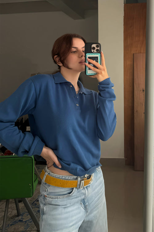 Fine Knit Long Sleeve Polo - Denim Blue