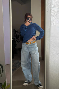 Fine Knit Long Sleeve Polo - Denim Blue