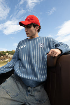 Blue and White Vertical Stripe Jacquard Pullover