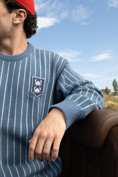 Blue and White Vertical Stripe Jacquard Pullover