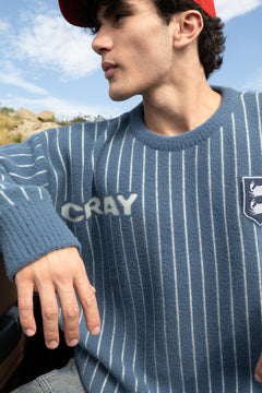 Blue and White Vertical Stripe Jacquard Pullover