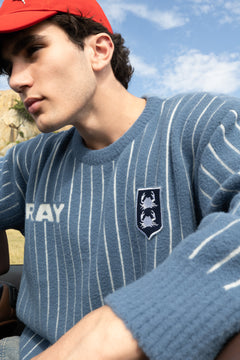 Blue and White Vertical Stripe Jacquard Pullover