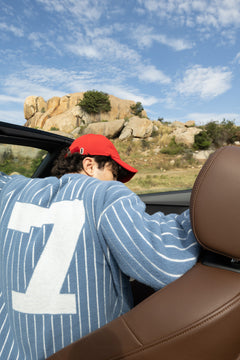 Blue and White Vertical Stripe Jacquard Pullover