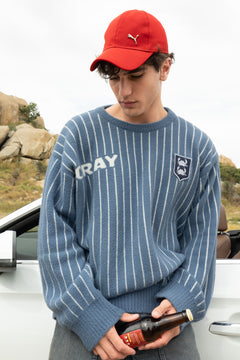 Blue and White Vertical Stripe Jacquard Pullover