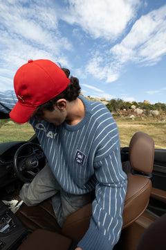 Blue and White Vertical Stripe Jacquard Pullover