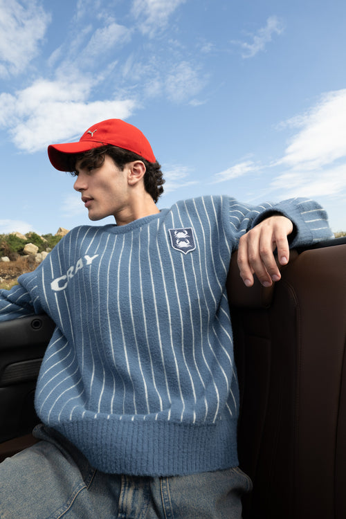 Blue and White Vertical Stripe Jacquard Pullover