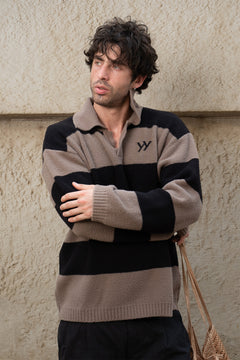 Two-Tone Stripe Knit Polo | Taupe & Black