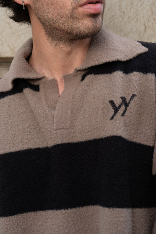 Two-Tone Stripe Knit Polo | Taupe & Black