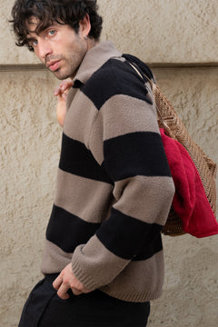 Two-Tone Stripe Knit Polo | Taupe & Black