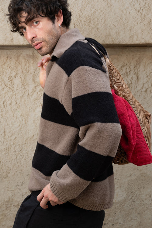 Two-Tone Stripe Knit Polo | Taupe & Black