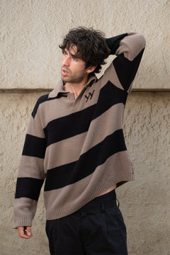 Two-Tone Stripe Knit Polo | Taupe & Black