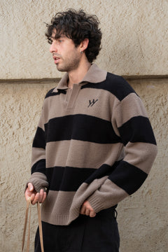 Two-Tone Stripe Knit Polo | Taupe & Black