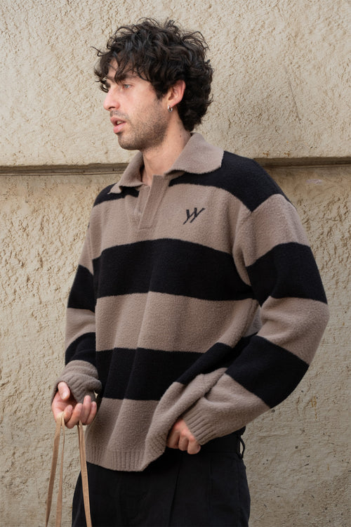 Two-Tone Stripe Knit Polo | Taupe & Black