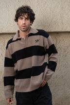 Two-Tone Stripe Knit Polo | Taupe & Black