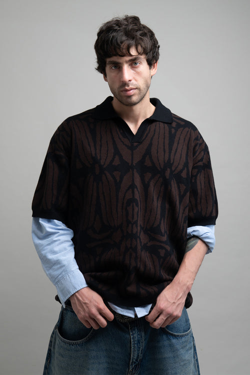 Classic Brown and Black Jacquard Knit Polo