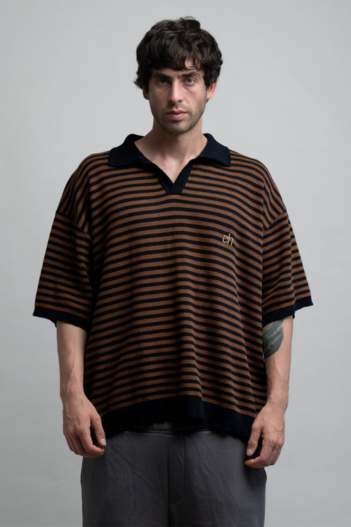 Drop Shoulder Striped Fine Knit Polo | Brown