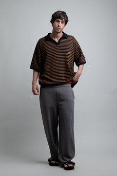 Drop Shoulder Striped Fine Knit Polo | Brown