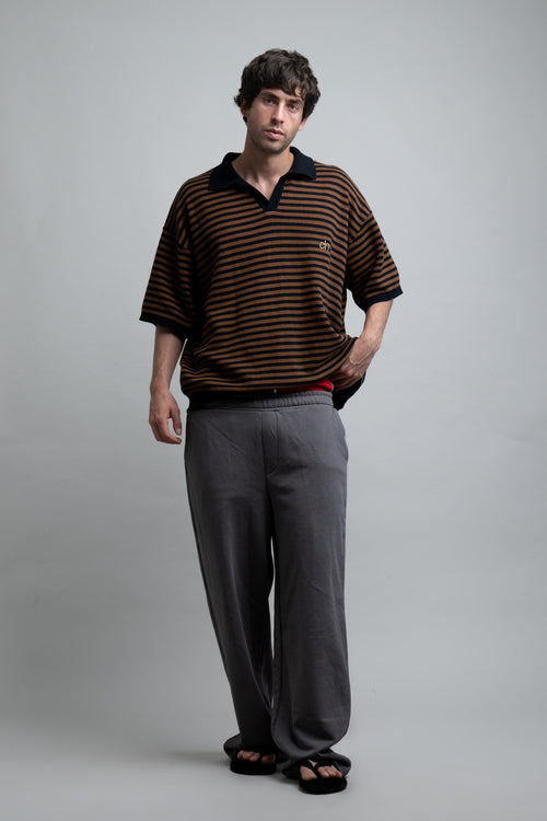 Drop Shoulder Striped Fine Knit Polo | Brown