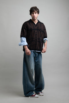 Classic Brown and Black Jacquard Knit Polo