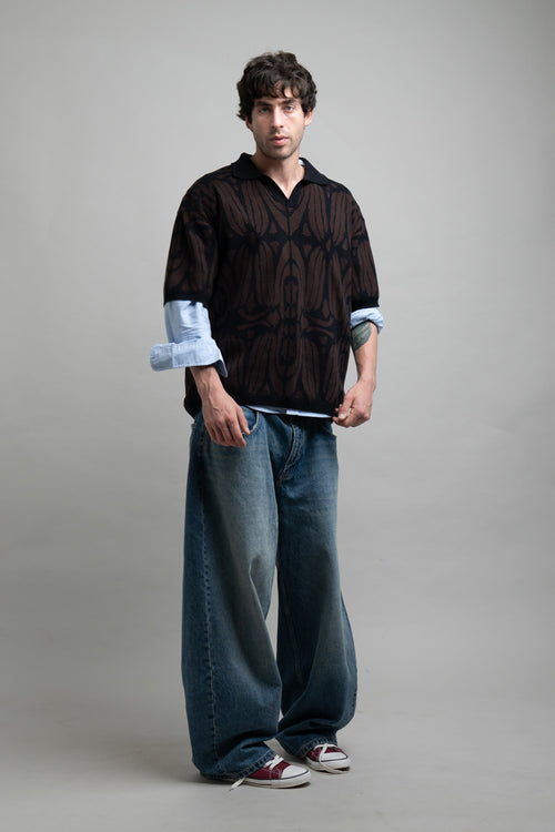 Classic Brown and Black Jacquard Knit Polo