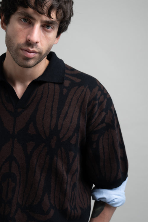 Classic Brown and Black Jacquard Knit Polo