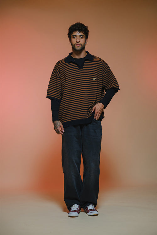 Drop Shoulder Striped Fine Knit Polo | Brown