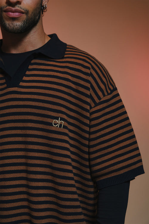Drop Shoulder Striped Fine Knit Polo | Brown