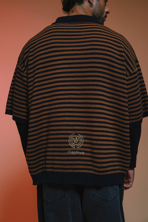Drop Shoulder Striped Fine Knit Polo | Brown