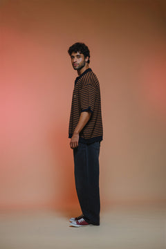 Drop Shoulder Striped Fine Knit Polo | Brown