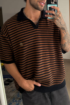 Drop Shoulder Striped Fine Knit Polo | Brown