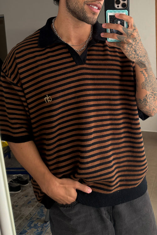 Drop Shoulder Striped Fine Knit Polo | Brown