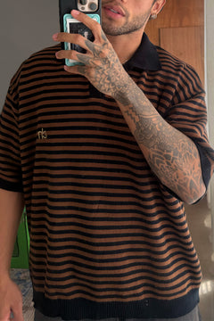 Drop Shoulder Striped Fine Knit Polo | Brown